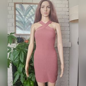 Babaton Sculpt Knit Mauve Blush Halter Dress Ribbed Tapestry Knit
